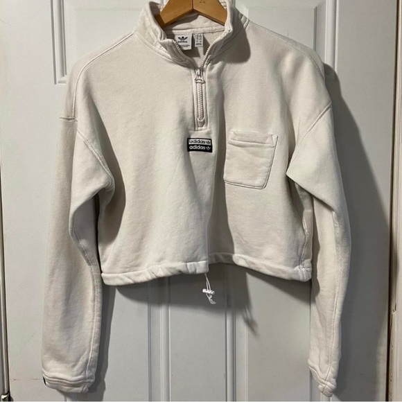 adidas Tops - ❌sold❌ Adidas Cropped Sweatshirt White Zip Cord Cinch Waist Large